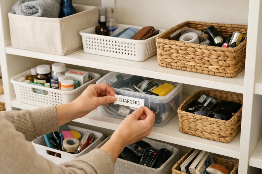 labeled storage bins for easy home organization