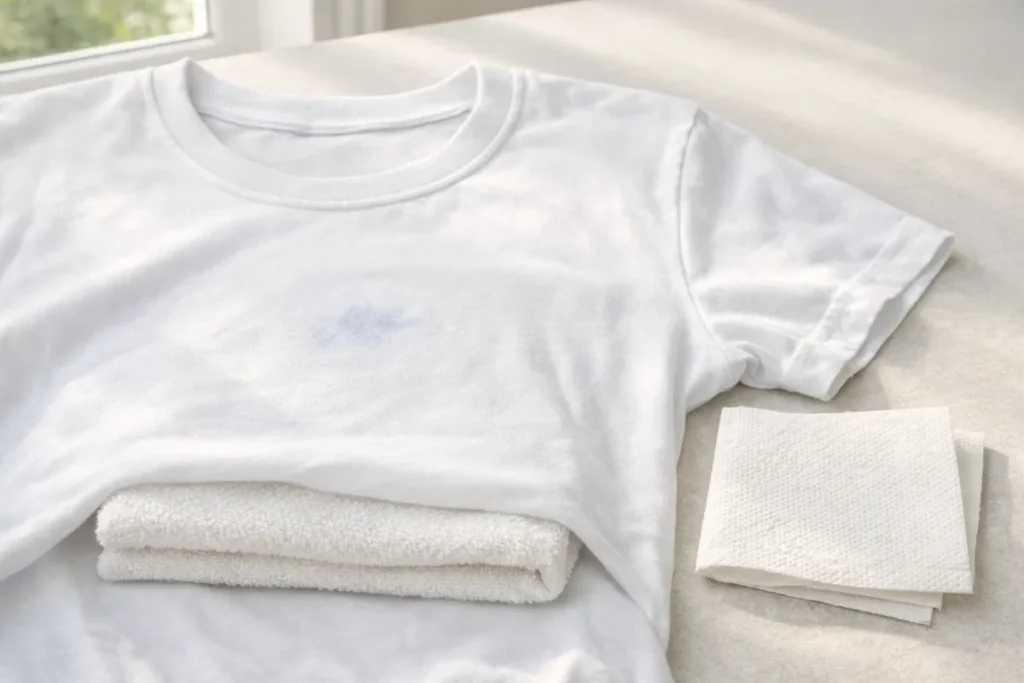 White shirt with a faint ink stain laid on a towel near a window for daylight checking