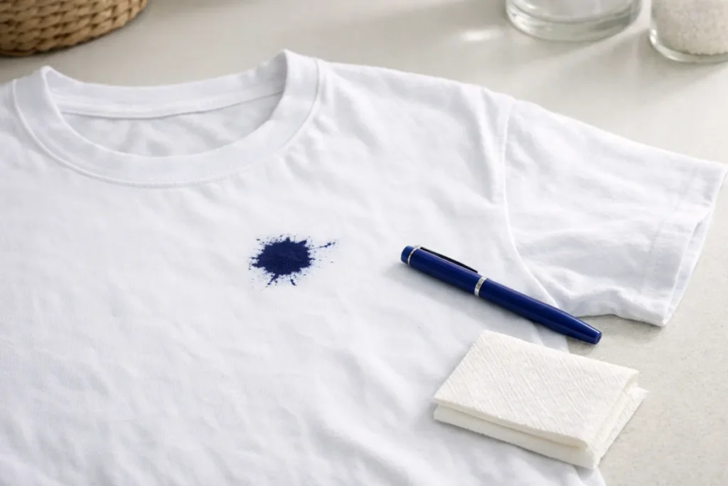 Ink stain on a white shirt next to a blue pen and paper towels