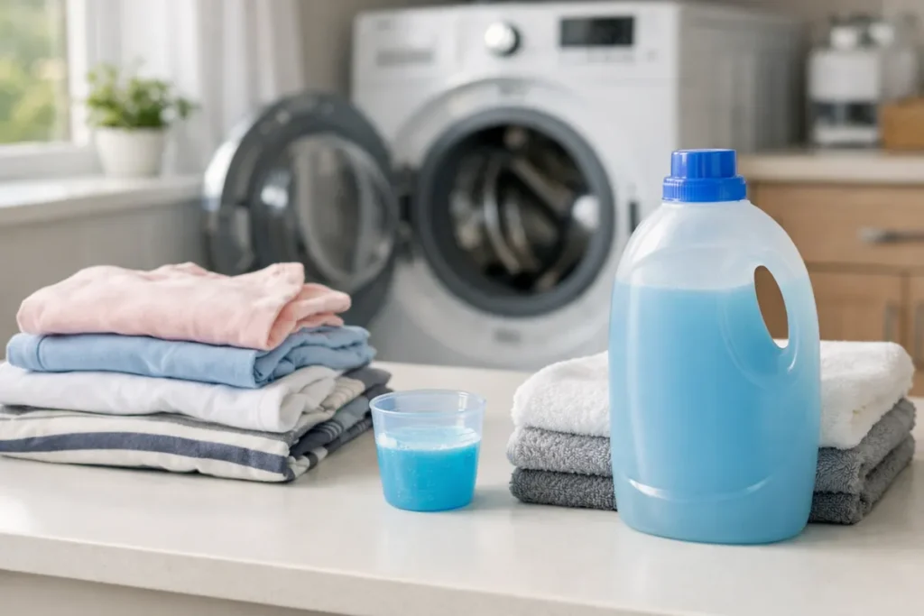 laundry detergent bottle with measuring cup and folded clothes near washing machine