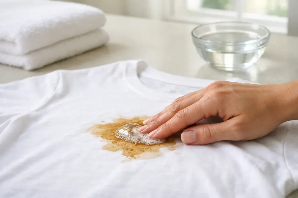 Hand working liquid detergent into a coffee stain on a white T-shirt