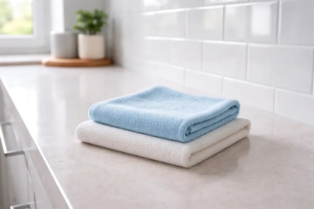 Two microfiber cloths on a kitchen counter used for cleaning and buffing a backsplash