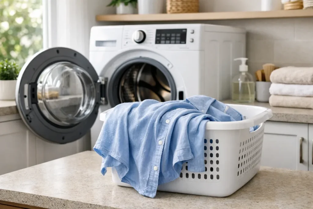 damp shirt in laundry basket near washing machine, fresh load not fully dry