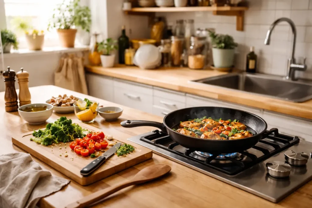 one pan meal cooking with prepped ingredients on a clean kitchen counter