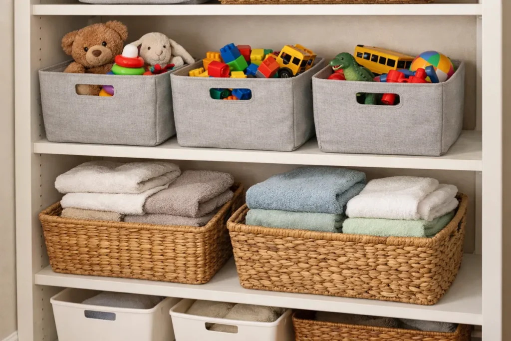 open bins with toys and towels organized on shelves