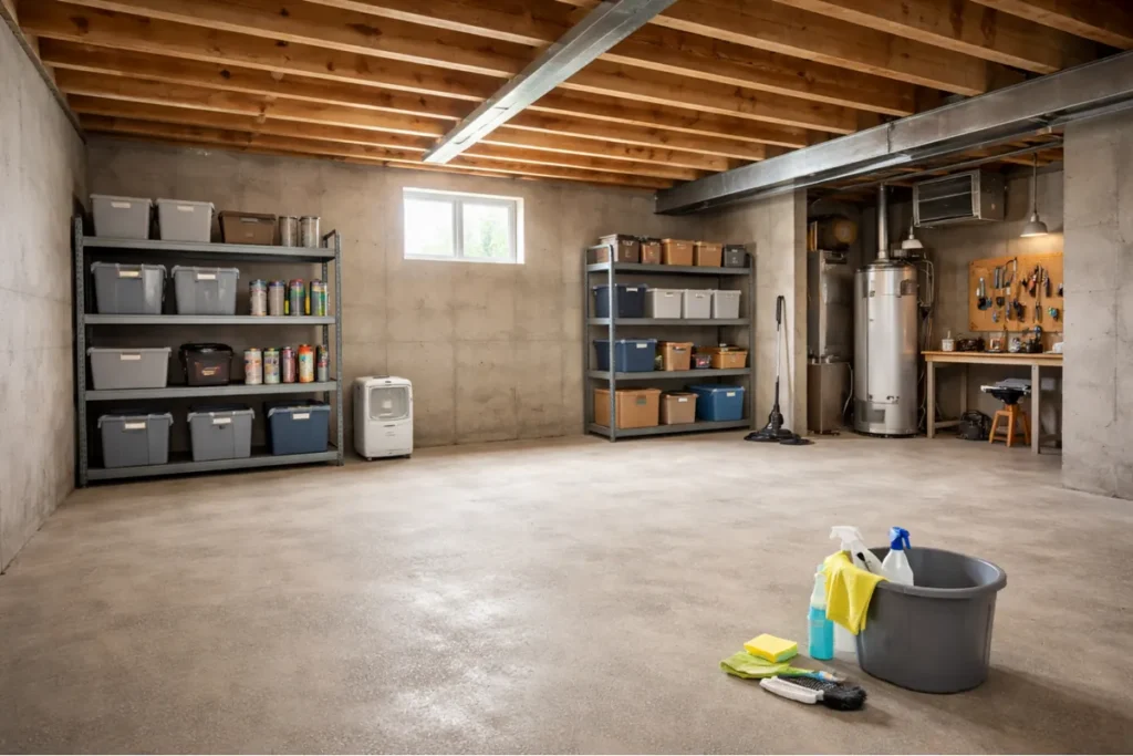 organized basement with shelves and cleaning supplies ready for cleaning