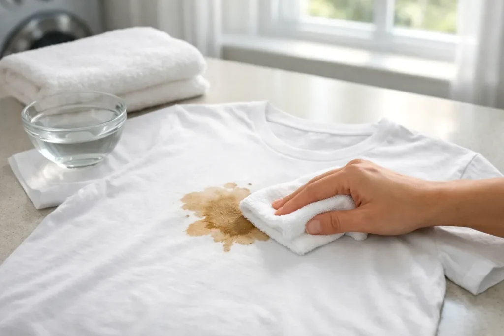 Hand blotting a fresh coffee stain on a white T-shirt with a clean towel