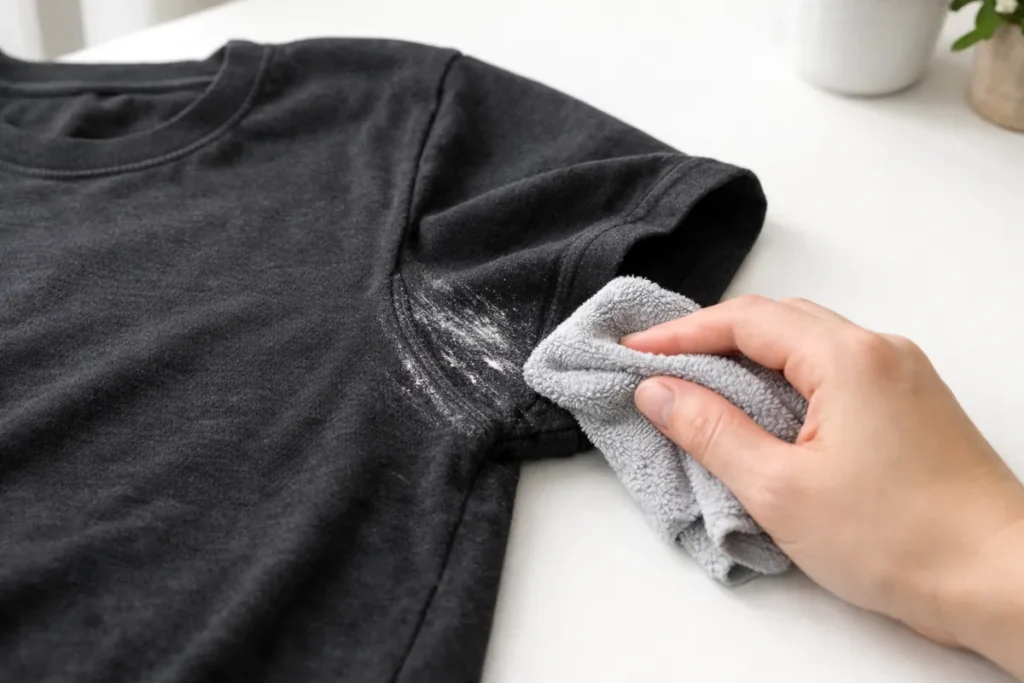 Wiping deodorant residue from shirt underarm with a microfiber cloth