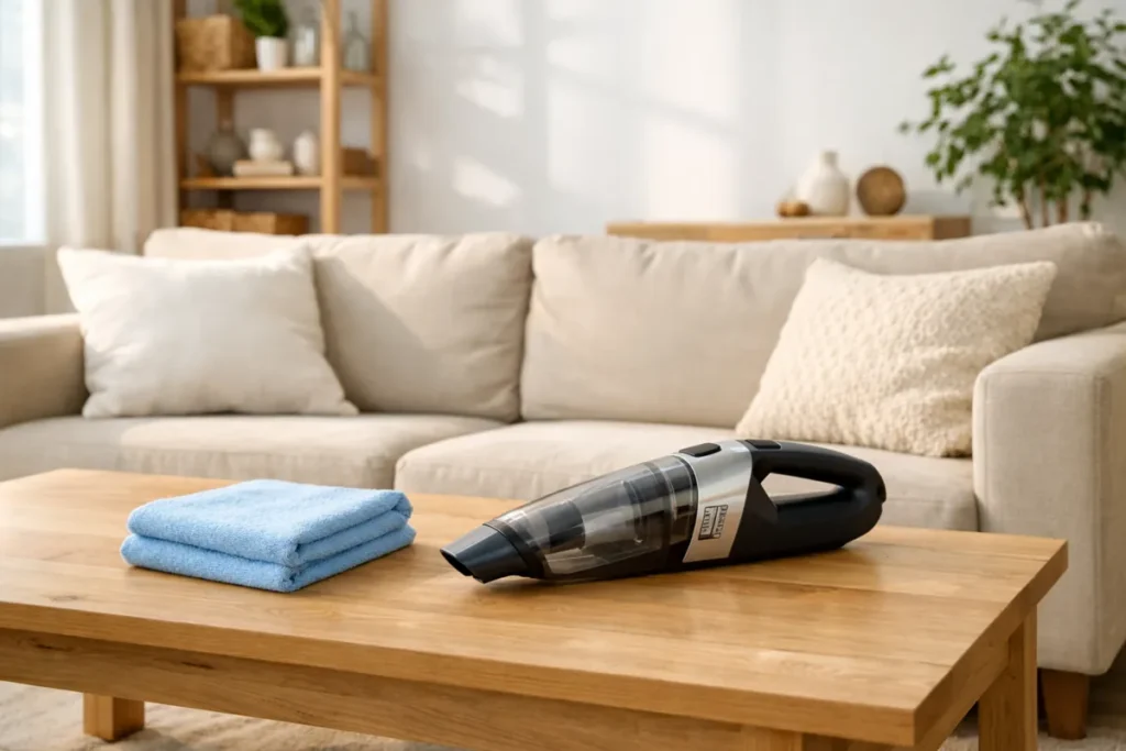 handheld vacuum and microfiber cloth on a coffee table for cleaning dust and debris in a living room