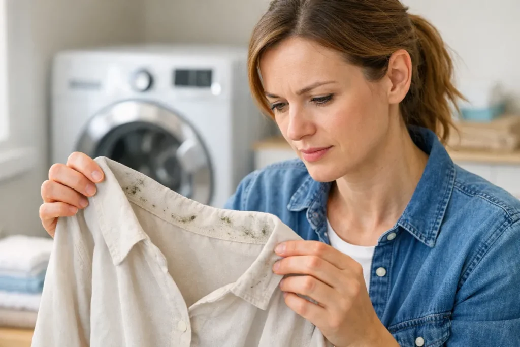 woman inspecting mold spots on a white shirt in a laundry room