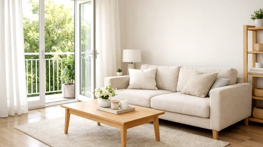 remove smoke smell from a room with fresh air and open windows in a clean living room