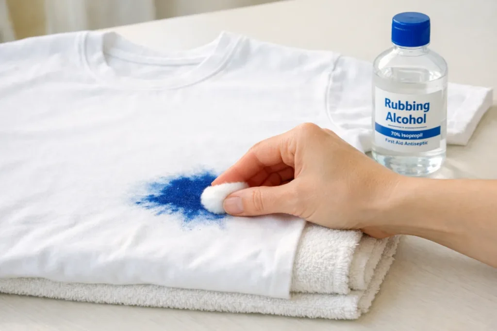 Dabbing a blue ink stain on a white shirt with rubbing alcohol and a cotton ball