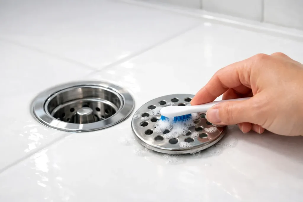 Cleaning a shower drain cover with a brush and soap foam