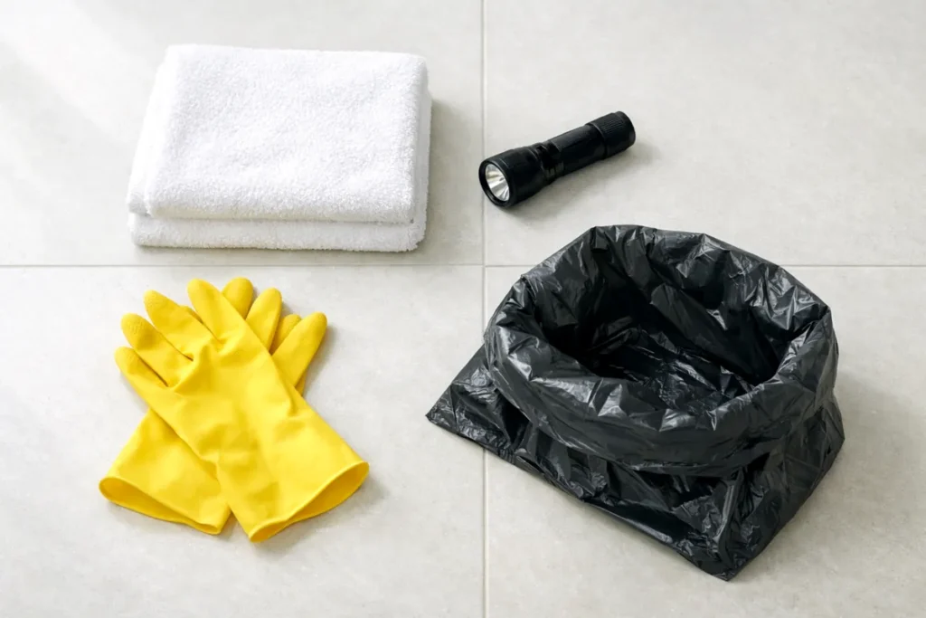 Cleaning tools like gloves, towel, flashlight, and bag for drain cleaning