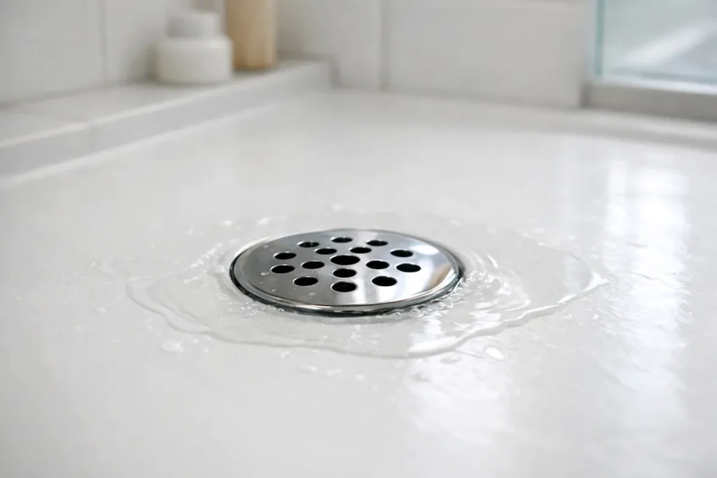 Shower drain with slight water pooling on clean tile surface