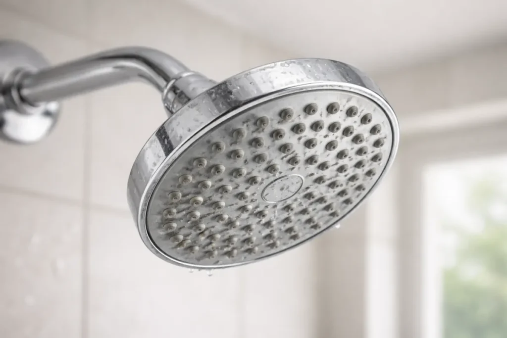 close-up of showerhead with mineral deposits on spray holes from hard water