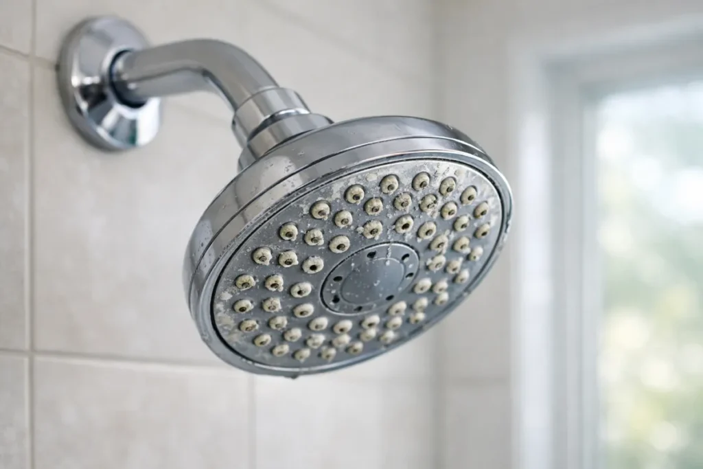 chrome showerhead with visible calcium and limescale buildup around spray holes