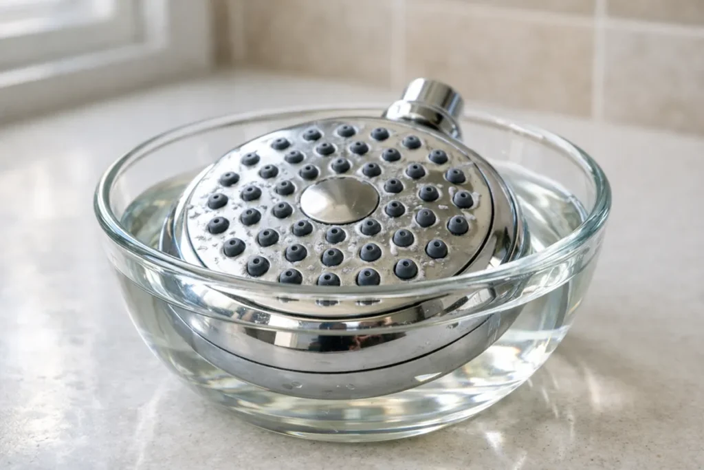 chrome showerhead soaking in vinegar to loosen calcium buildup