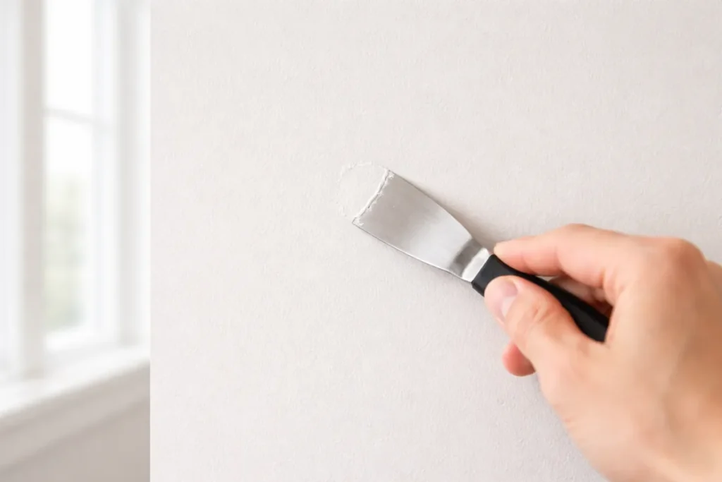 Smoothing spackle over a small hole in a drywall wall