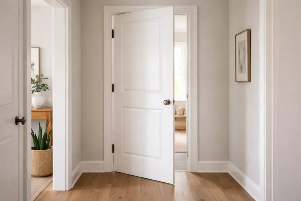 White interior door slightly open in a clean hallway with natural light