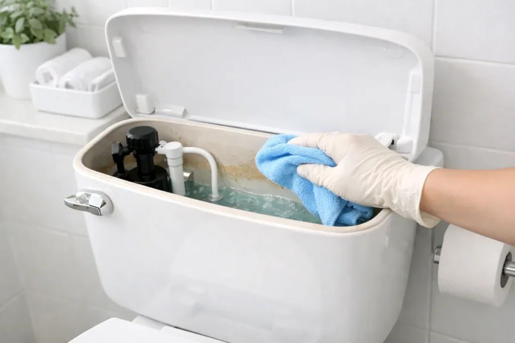 cleaning inside toilet tank with cloth removing mineral stains