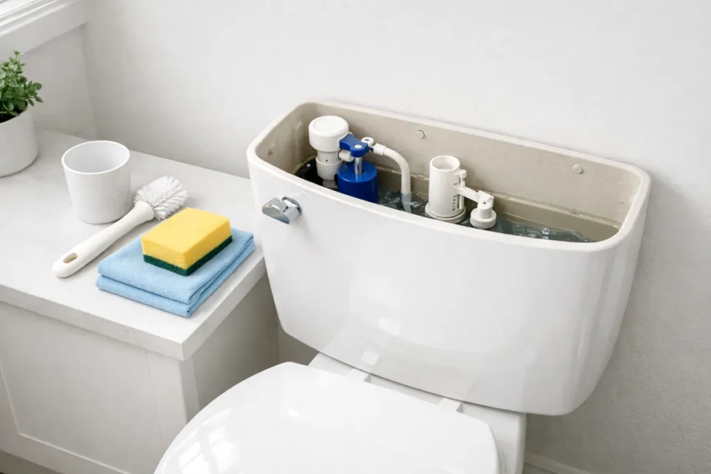 toilet tank open with cleaning tools like sponge and brush nearby