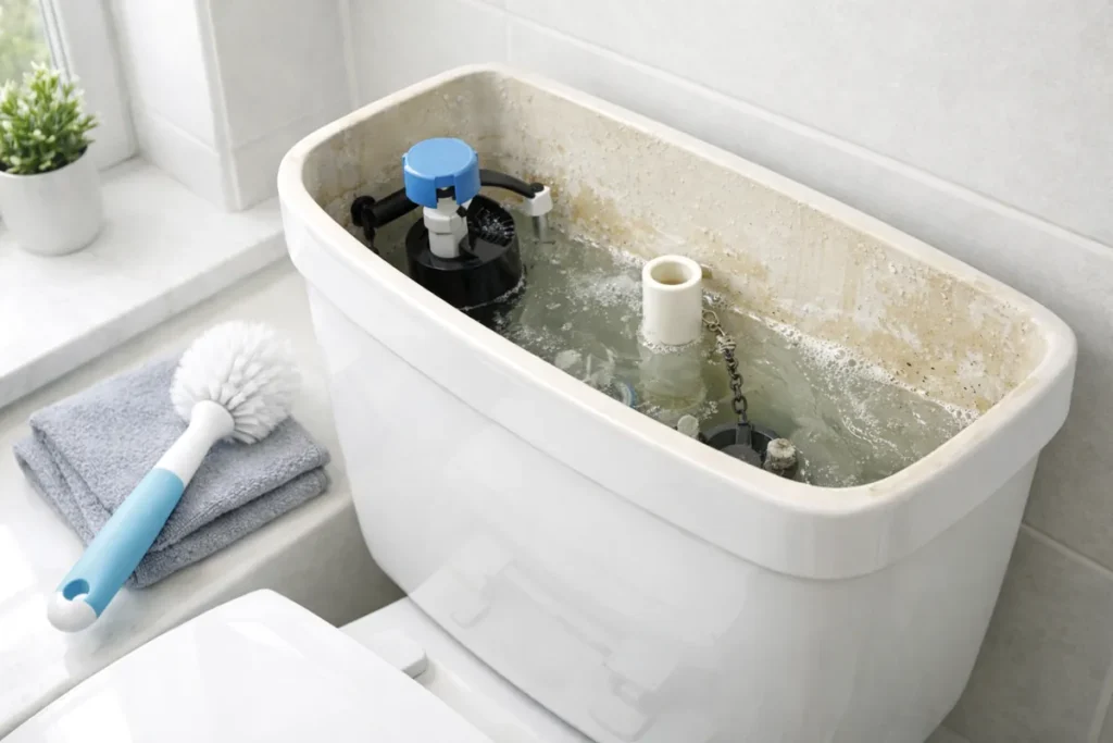 toilet tank with mineral buildup soaking in vinegar solution