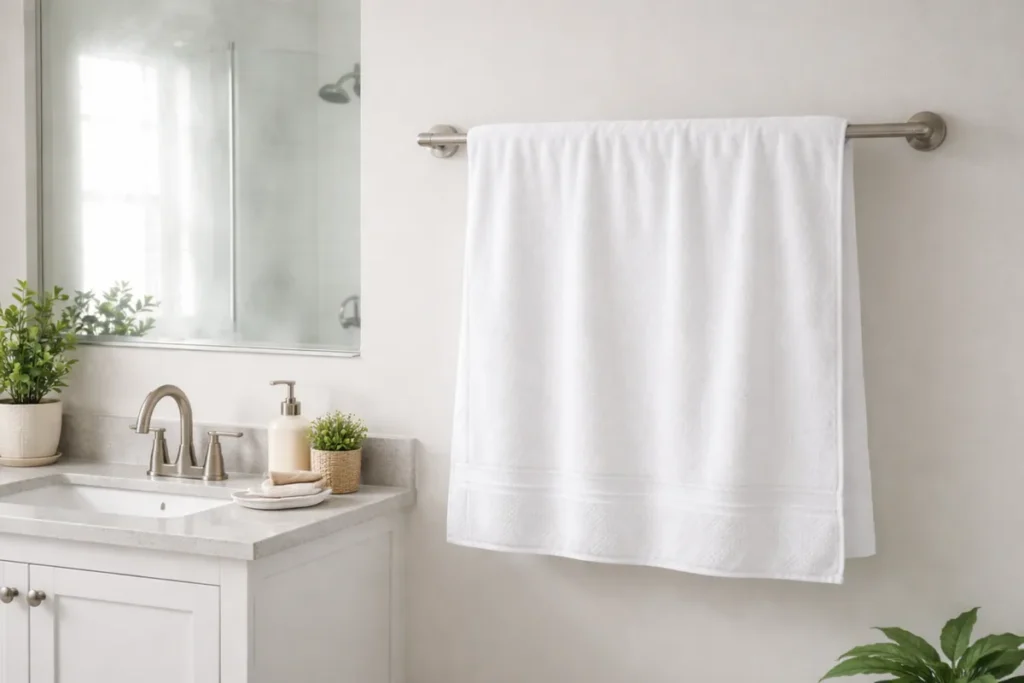 white towel drying on a bathroom bar with good airflow