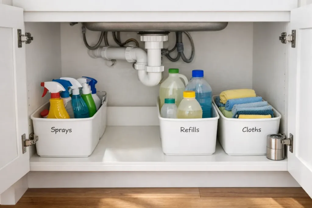 under sink storage with labeled bins for sprays refills and cloths