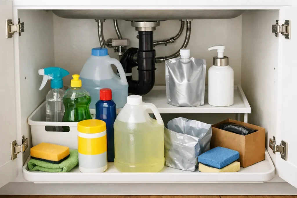 organized under sink storage with cleaning supplies and bins
