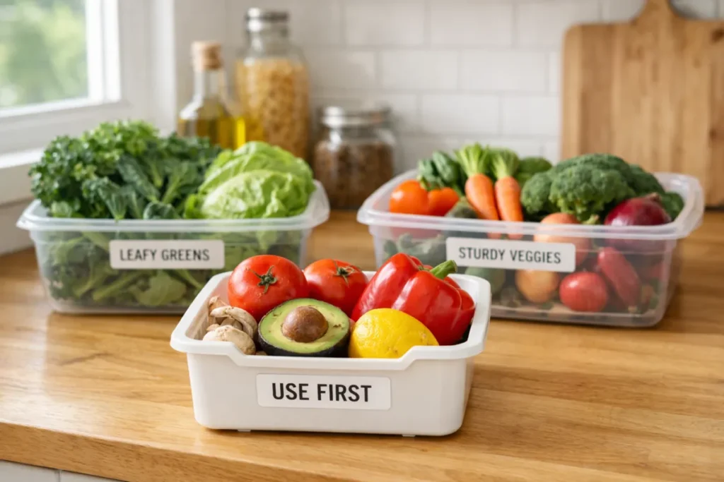 Vegetables sorted in labeled bins with use first container on counter