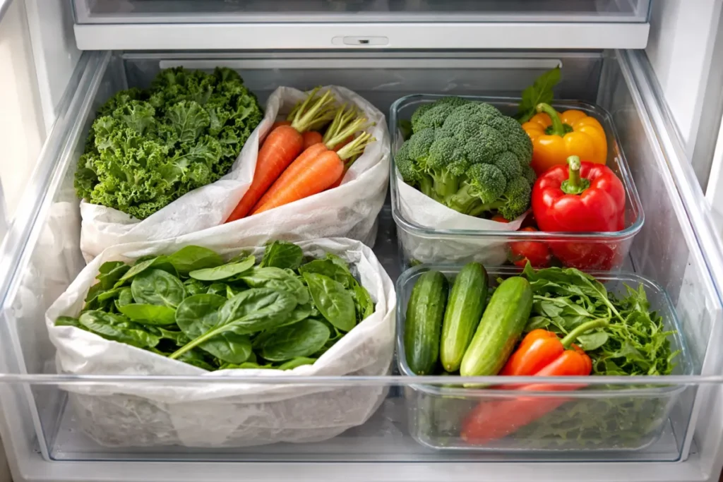 Fresh vegetables stored neatly in fridge drawer with paper towels