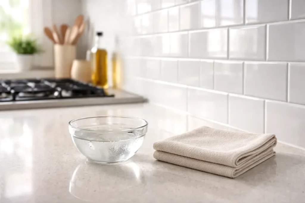 Bowl of vinegar water and microfiber cloth on a kitchen counter for rinsing a glossy tile backsplash