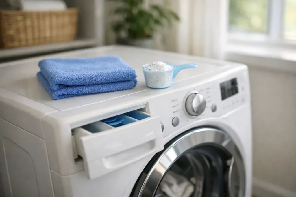 measuring laundry detergent next to microfiber cloth on front load washing machine
