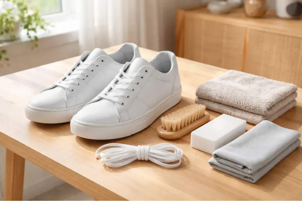 White sneakers with cleaning tools arranged on a wooden table
