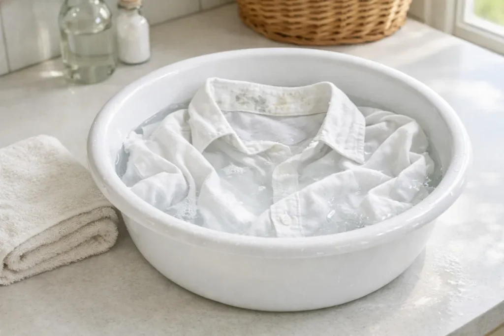 white shirt soaking in a basin with vinegar water for mold removal