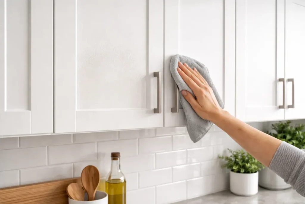 wiping grease from kitchen cabinet door with microfiber cloth