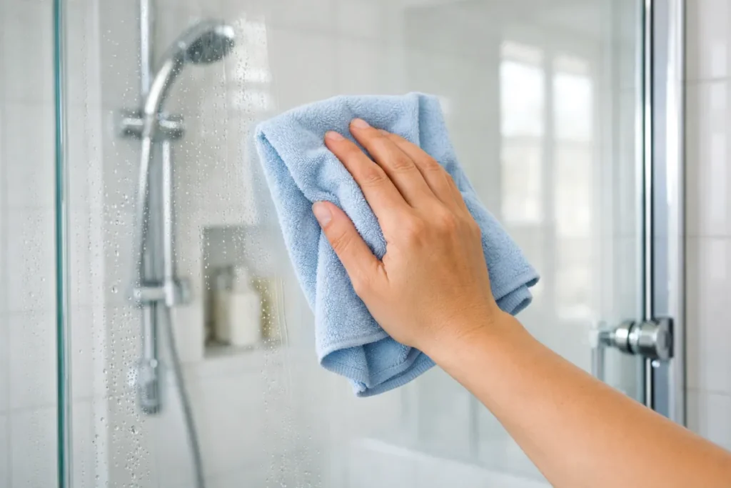 Wiping shower glass dry with a microfiber cloth to prevent water spots