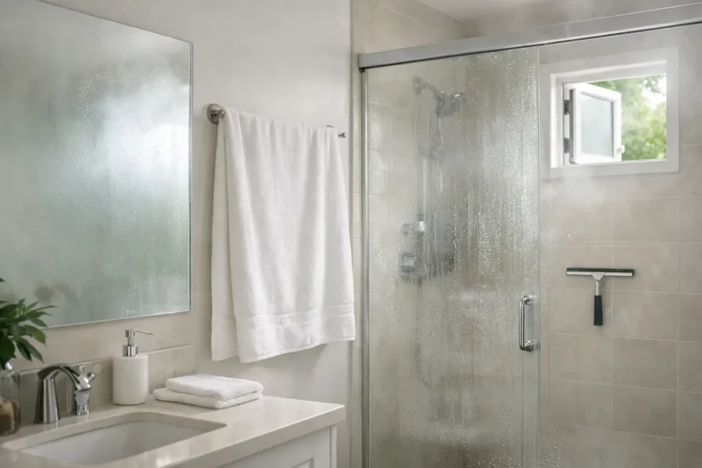 Bright bathroom with steam and moisture after a shower