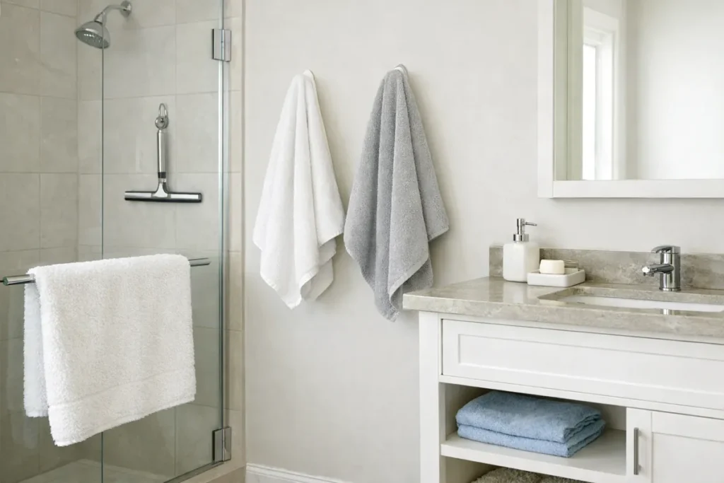 Towels hanging open to dry in a clean bathroom after shower