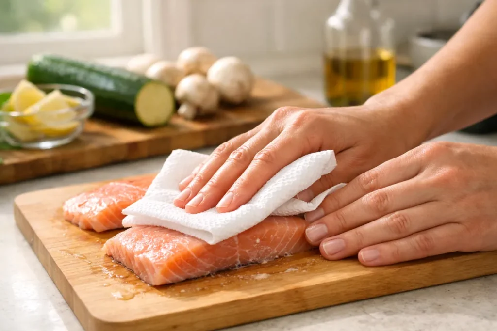 Patting fish fillets dry with paper towels before cooking