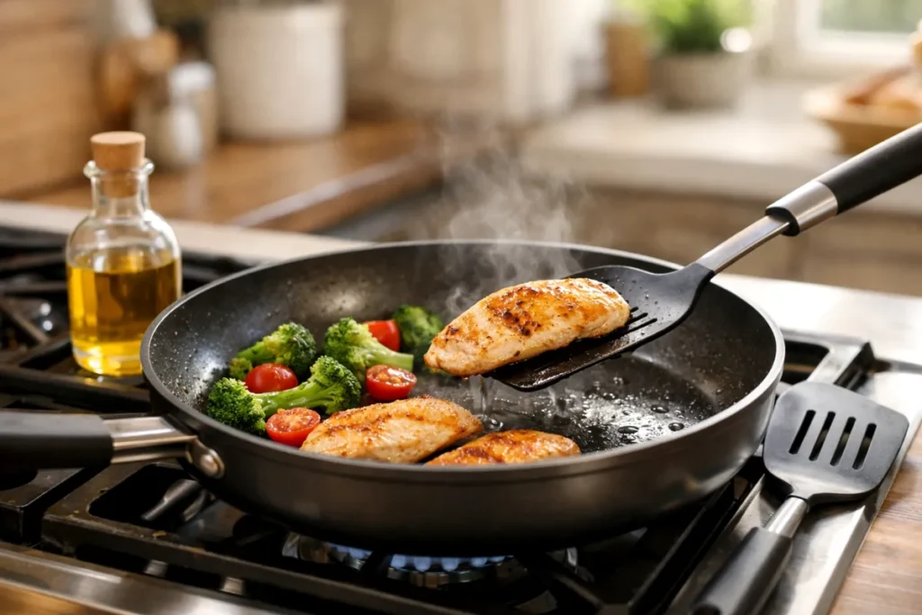 Chicken cooking in a pan without sticking to the surface