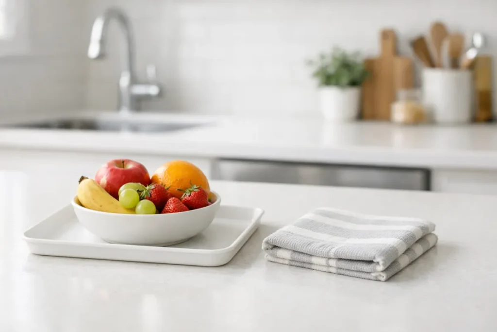 Fruit bowl on tray with cloth on clean kitchen counter
