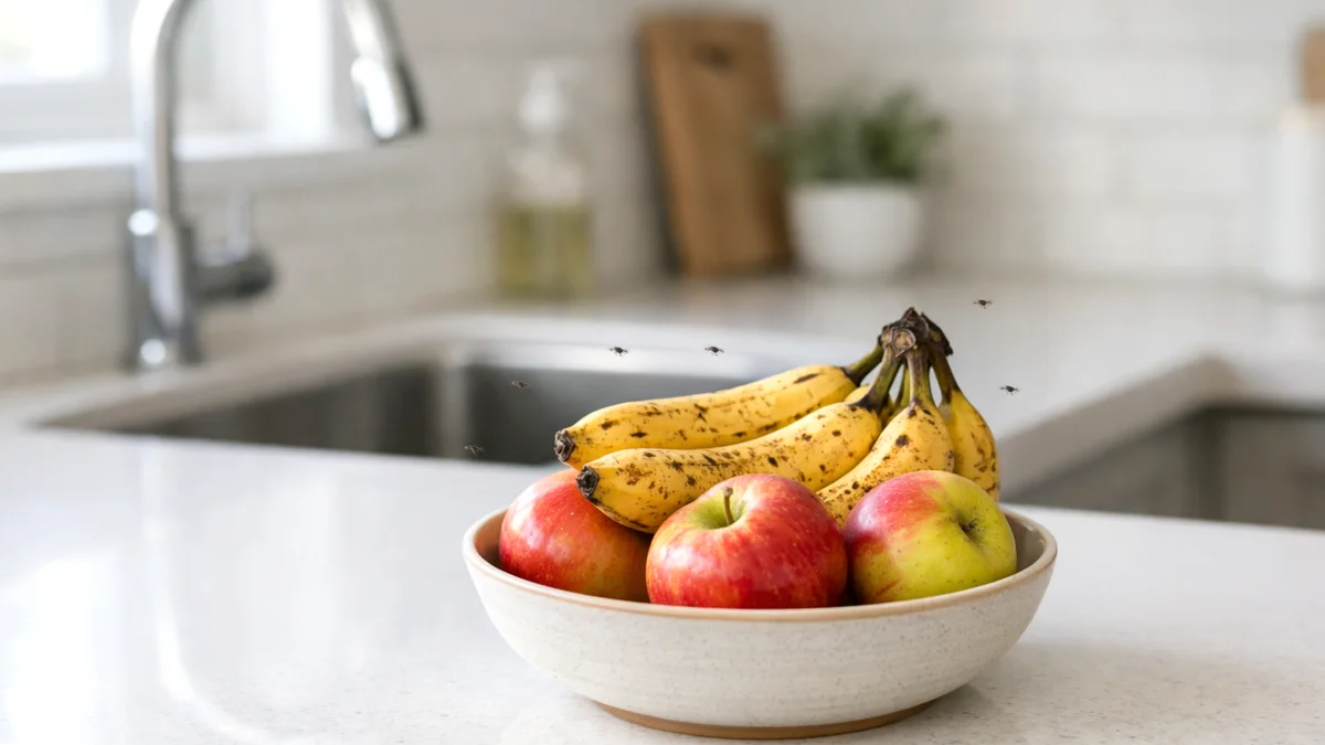keep fruit flies away naturally in a clean kitchen with ripe fruit on counter