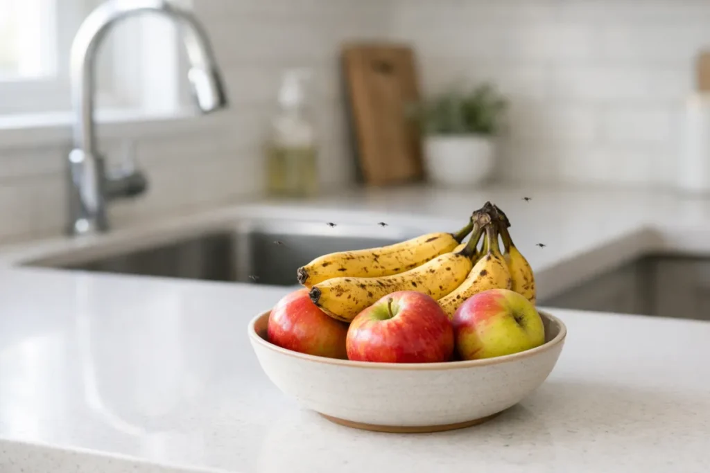 Fruit flies around ripe fruit in a clean kitchen