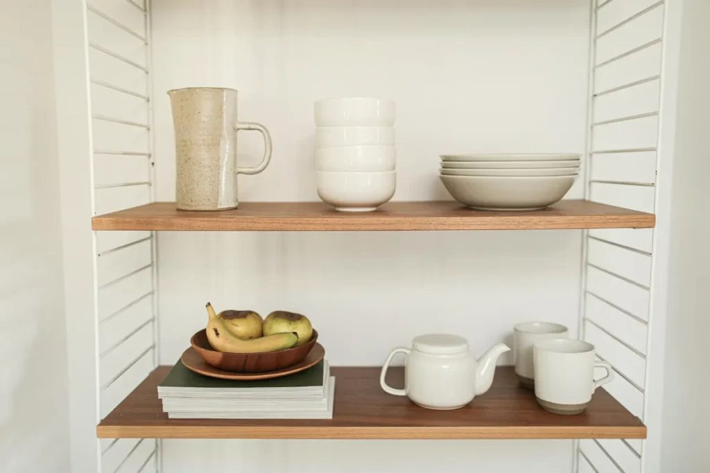 Minimal kitchen shelves with neatly arranged dishes, cups, and fruit