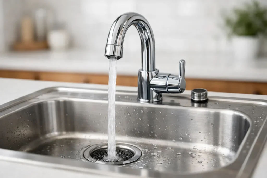 kitchen faucet with aerator removed and water running into sink