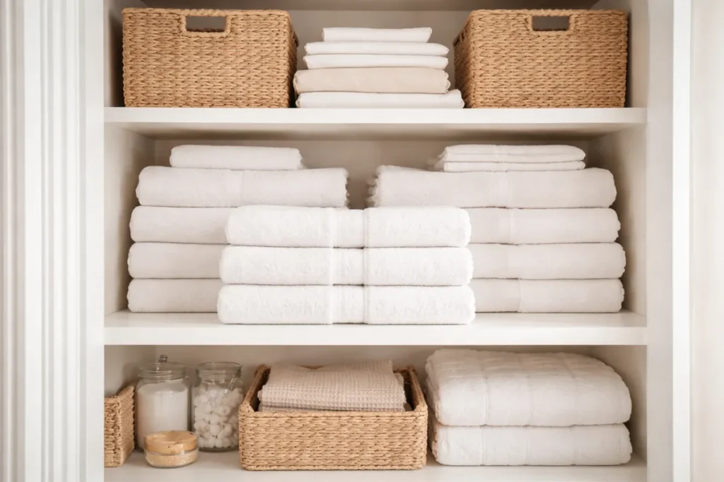 linen closet with folded towels and baskets organized by shelf