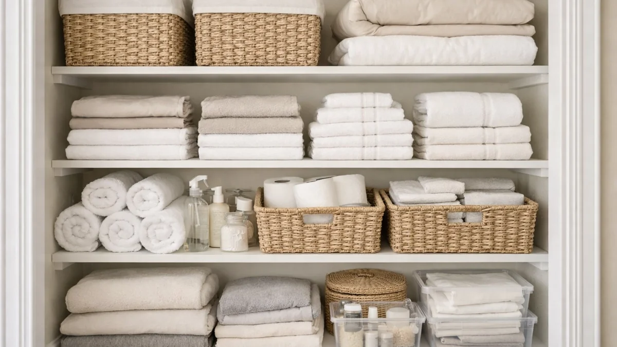 organize a linen closet with folded towels and storage baskets