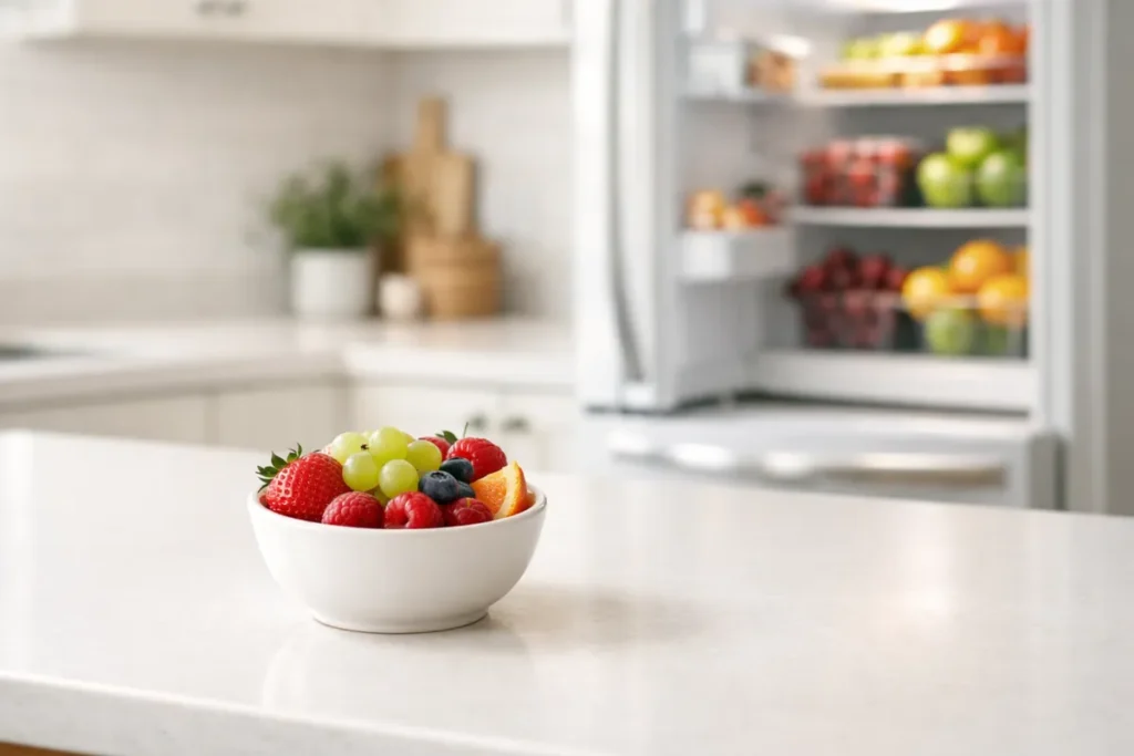 Fresh fruit on clean kitchen counter with organized fridge in background